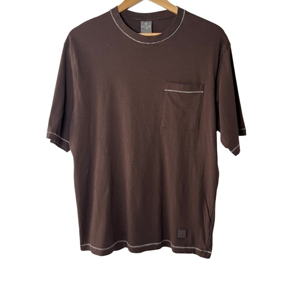 Saints Studio Mens Brown Cotton Pocket T-Shirt Contrast Stitch Large